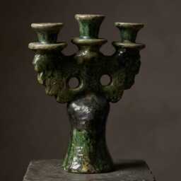 Handmade Ceramic Candelabra, Antique Green Glaze, Old World Decor - thumbnail 4