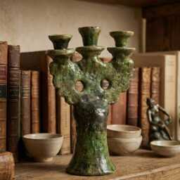Handmade Ceramic Candelabra, Antique Green Glaze, Old World Decor - thumbnail 3