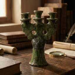 Handmade Ceramic Candelabra, Antique Green Glaze, Old World Decor - thumbnail 2