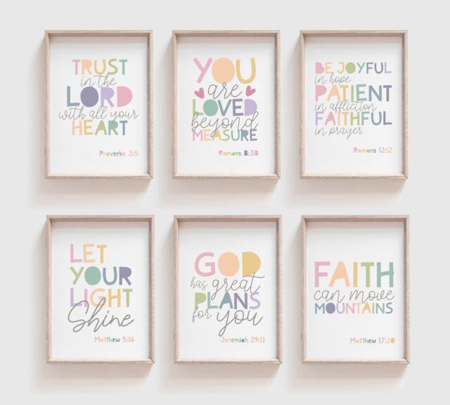 Set Of 6 Bible Verse Prints, Christian Wall Art, Nursery Kids Room, Scripture Girls Bedroom, Boys Bedroom - image 1