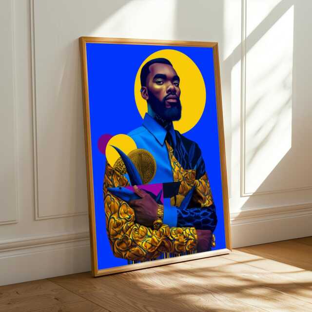 Afrocentric Geometric Art Print Blue, Yellow & Gold Abstract Portrait - Poster Only - image 1