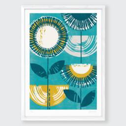 Turquoise & Yellow Retro Flower Print, Contemporary Floral, Mid Century Modern, Teal & Ochre Art, Bright Vibrant Unframed - thumbnail 1