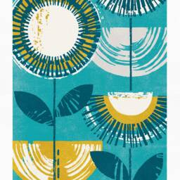 Turquoise & Yellow Retro Flower Print, Contemporary Floral, Mid Century Modern, Teal & Ochre Art, Bright Vibrant Unframed - thumbnail 2