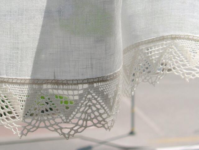 Cafe Curtains, White Kitchen Lace Vintage Panels Washed Linen - image 1