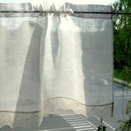 Cafe Curtains, White Kitchen Lace Vintage Panels Washed Linen - thumbnail 3