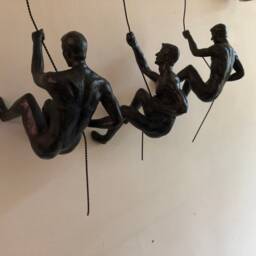 Large X3 Bronze Climbing Abseiling Hanging On Wire Ornaments Figures Set Of 3 Figurines Wall Statues Rock Climbers Art - thumbnail 2