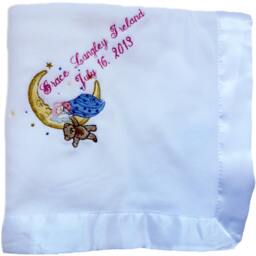Satin Edged Microfleece Baby Blanket With Elaborate Moon Embroidery & Child's Name Or Monogram