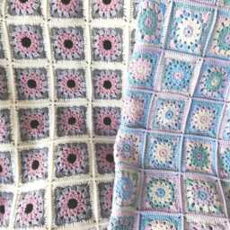Handcrafted Granny Square Crochet Blanket Pink, Gray & Cream Afghan Throw - thumbnail 3