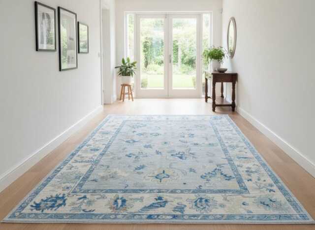Handwoven Wool Oushak Rug - Turkish Vintage Soft Blue & Ivory Traditional Muted Rug - image 1