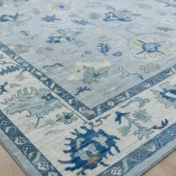 Handwoven Wool Oushak Rug - Turkish Vintage Soft Blue & Ivory Traditional Muted Rug - thumbnail 2