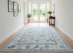Handwoven Wool Oushak Rug - Turkish Vintage Soft Blue & Ivory Traditional Muted Rug