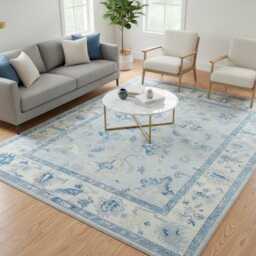 Handwoven Wool Oushak Rug - Turkish Vintage Soft Blue & Ivory Traditional Muted Rug - thumbnail 3