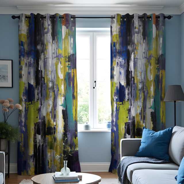 Abstract Blue Yellow Curtains, Modern Brushstroke Pattern Drapes, Bold Artistic Window Panels, Contemporary Living Room Decor - image 1