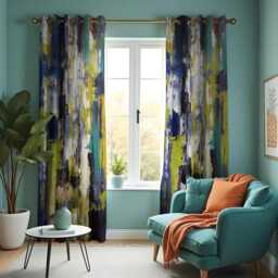 Abstract Blue Yellow Curtains, Modern Brushstroke Pattern Drapes, Bold Artistic Window Panels, Contemporary Living Room Decor - thumbnail 2