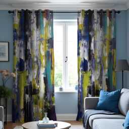 Abstract Blue Yellow Curtains, Modern Brushstroke Pattern Drapes, Bold Artistic Window Panels, Contemporary Living Room Decor