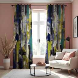 Abstract Blue Yellow Curtains, Modern Brushstroke Pattern Drapes, Bold Artistic Window Panels, Contemporary Living Room Decor - thumbnail 3