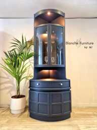Tall Mid Century Modern Luxury Corner Drinks Cabinet By Nathan - Midnight Blue Vintage Cocktail Display Unit, With Lighting - thumbnail 1