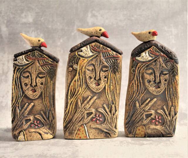 One Ceramic House With Woman Picture in Front, Woman Art Object, Rustic Home Decor - image 1