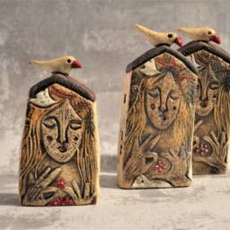 One Ceramic House With Woman Picture in Front, Woman Art Object, Rustic Home Decor - thumbnail 2