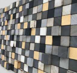 Reclaimed Wood Mosaic Wall Art - Grey & Gold