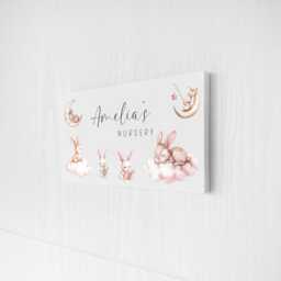 Bedroom Door Sign Girls Nursery Wall Art, Bunny Theme - Personalised Text, 180x100mm, Foam Board - thumbnail 1