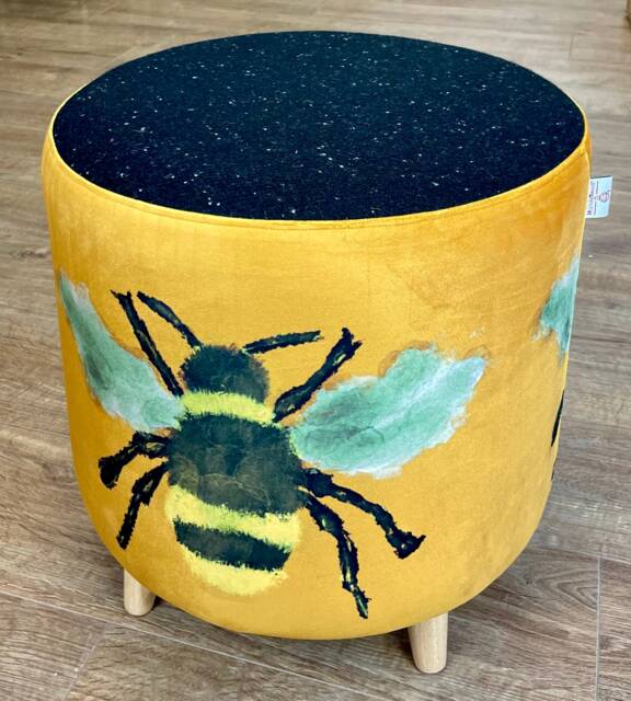 Bumble Bee Velvet & Black Harris Tweed Footstool With Tiny Wooden Legs - image 1