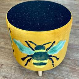 Bumble Bee Velvet & Black Harris Tweed Footstool With Tiny Wooden Legs - thumbnail 3
