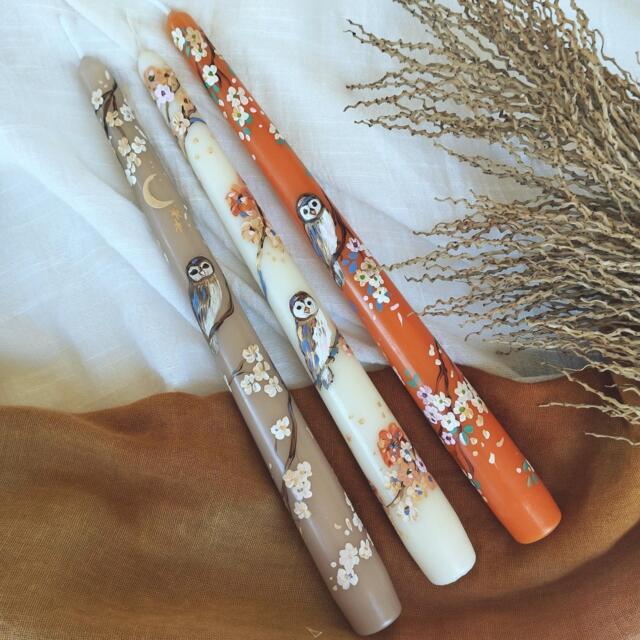 Hand Painted Whimsical Autumn Candles - Owl & Gold Details On Ivory, Light Brown, Pumpkin Orange Candles - image 1