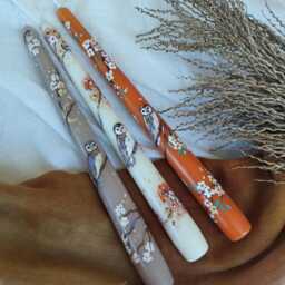 Hand Painted Whimsical Autumn Candles - Owl & Gold Details On Ivory, Light Brown, Pumpkin Orange Candles - thumbnail 2
