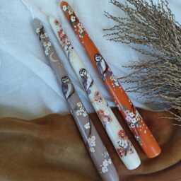 Hand Painted Whimsical Autumn Candles - Owl & Gold Details On Ivory, Light Brown, Pumpkin Orange Candles - thumbnail 3
