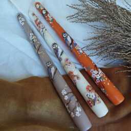 Hand Painted Whimsical Autumn Candles - Owl & Gold Details On Ivory, Light Brown, Pumpkin Orange Candles - thumbnail 4