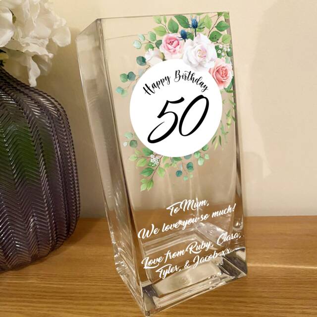 Personalised Birthday Age Vase - 50Th, 60Th, 70Th Gift For Women Gifts Mum, Nan, Auntie, Nanny, Grandma Glass Flower - image 1
