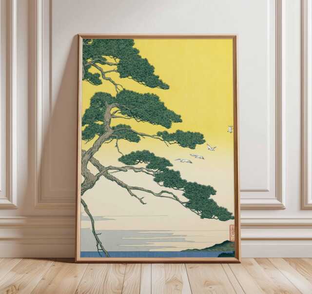 Japanese Tree Wall Art Print, Nature Landscape Poster, Yellow Asian Style Illustration, Zen Inspired Home Decor - image 1