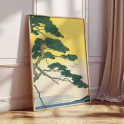 Japanese Tree Wall Art Print, Nature Landscape Poster, Yellow Asian Style Illustration, Zen Inspired Home Decor - thumbnail 2