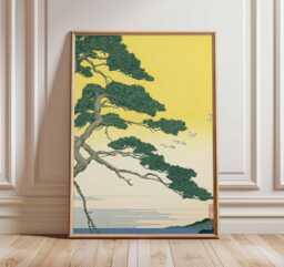 Japanese Tree Wall Art Print, Nature Landscape Poster, Yellow Asian Style Illustration, Zen Inspired Home Decor - thumbnail 1