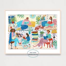 Digital Women Reading Books Art Print, Printable Digital Download, Book Worm Illustration, Home Decor Poster - thumbnail 2