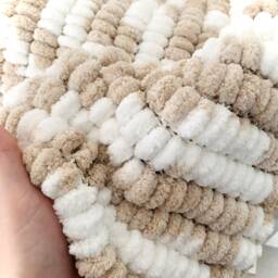 Hand Knitted Pom Baby Blanket - Beige/White Pram Size - Approx 61cm X72cm - thumbnail 1