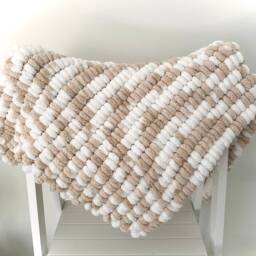 Hand Knitted Pom Baby Blanket - Beige/White Pram Size - Approx 61cm X72cm - thumbnail 2