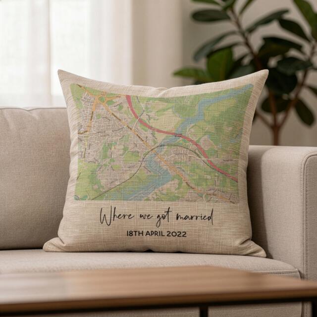 Map Location Linen Cushion For 4Th Or 12Th Wedding Anniversary Gift - image 1