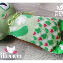 Green Rattle Cat Spring Clover Ecological Toy 100% Organic Cotton Fabric, Illustrated Cuddly Kitten Two Faces, Birth Gift Baby Leaf Pink - thumbnail 3