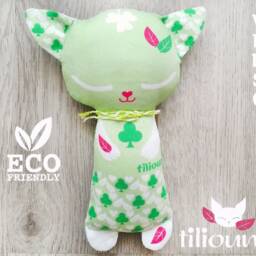 Green Rattle Cat Spring Clover Ecological Toy 100% Organic Cotton Fabric, Illustrated Cuddly Kitten Two Faces, Birth Gift Baby Leaf Pink - thumbnail 2
