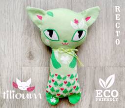 Green Rattle Cat Spring Clover Ecological Toy 100% Organic Cotton Fabric, Illustrated Cuddly Kitten Two Faces, Birth Gift Baby Leaf Pink