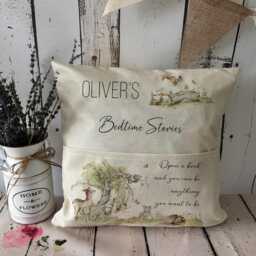 Personalised Bedtime Stories Cushion With Pocket, Kids Reading Pillow, Custom Name Nursery Cushion, Woodland Book Gift, 40x40cm UK - thumbnail 3