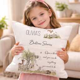 Personalised Bedtime Stories Cushion With Pocket, Kids Reading Pillow, Custom Name Nursery Cushion, Woodland Book Gift, 40x40cm UK - thumbnail 1