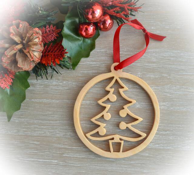 Wooden Christmas Tree Ornament - Scroll Saw Cut Decoration With Red Ribbon Handmade Holiday Decor - image 1