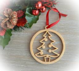 Wooden Christmas Tree Ornament - Scroll Saw Cut Decoration With Red Ribbon Handmade Holiday Decor
