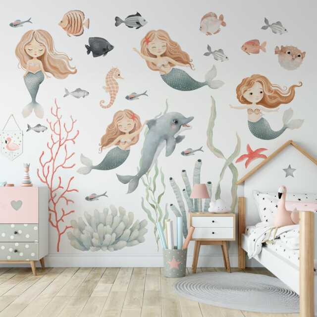 Watercolor Mermaid Wall Decals Peel & Stick Sea Animals Nursery Decor - image 1