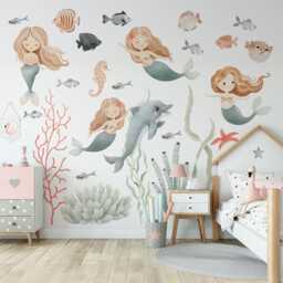 Watercolor Mermaid Wall Decals Peel & Stick Sea Animals Nursery Decor - thumbnail 1
