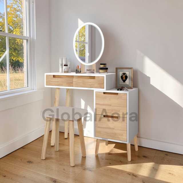 Vanity Table With Lighted Mirror, Dressing Table 3 Adjustable Lights, Makeup Desk Drawer & Stool For Bedroom - image 1