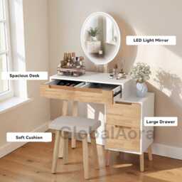 Vanity Table With Lighted Mirror, Dressing Table 3 Adjustable Lights, Makeup Desk Drawer & Stool For Bedroom - thumbnail 3